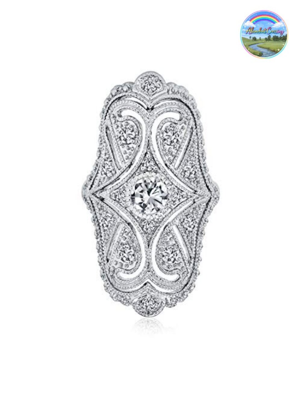 Art Deco CZ Wide Armor Full Finger Statement Ring Rhodium Plated